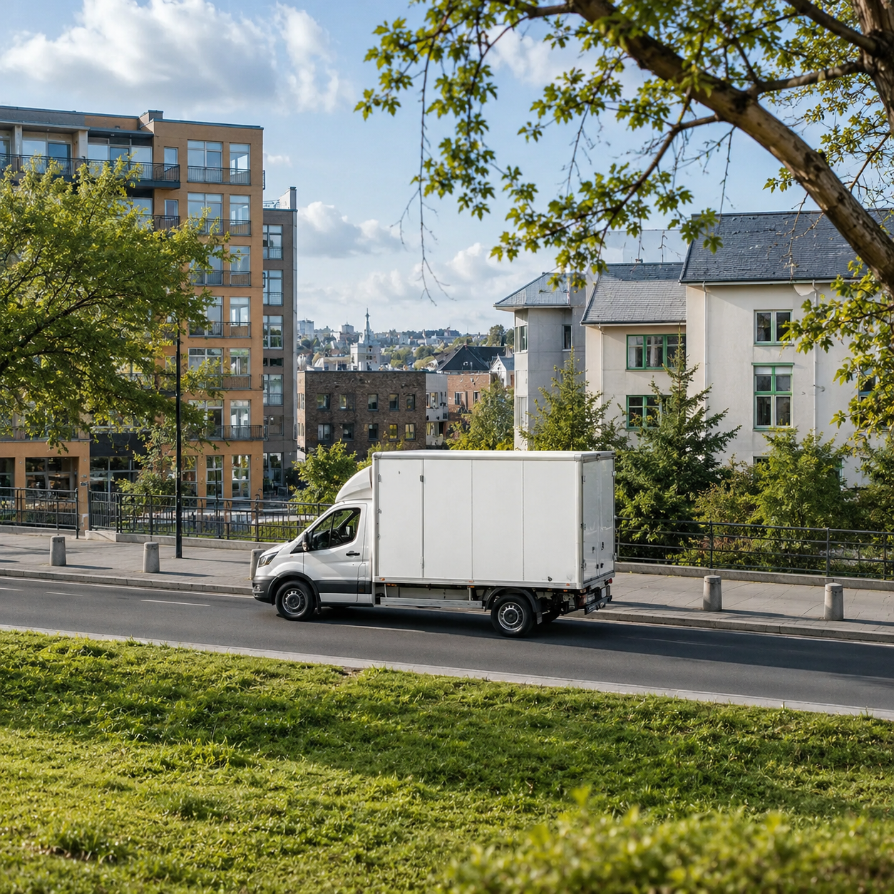 Delivery van with rear doors open at a customer's door