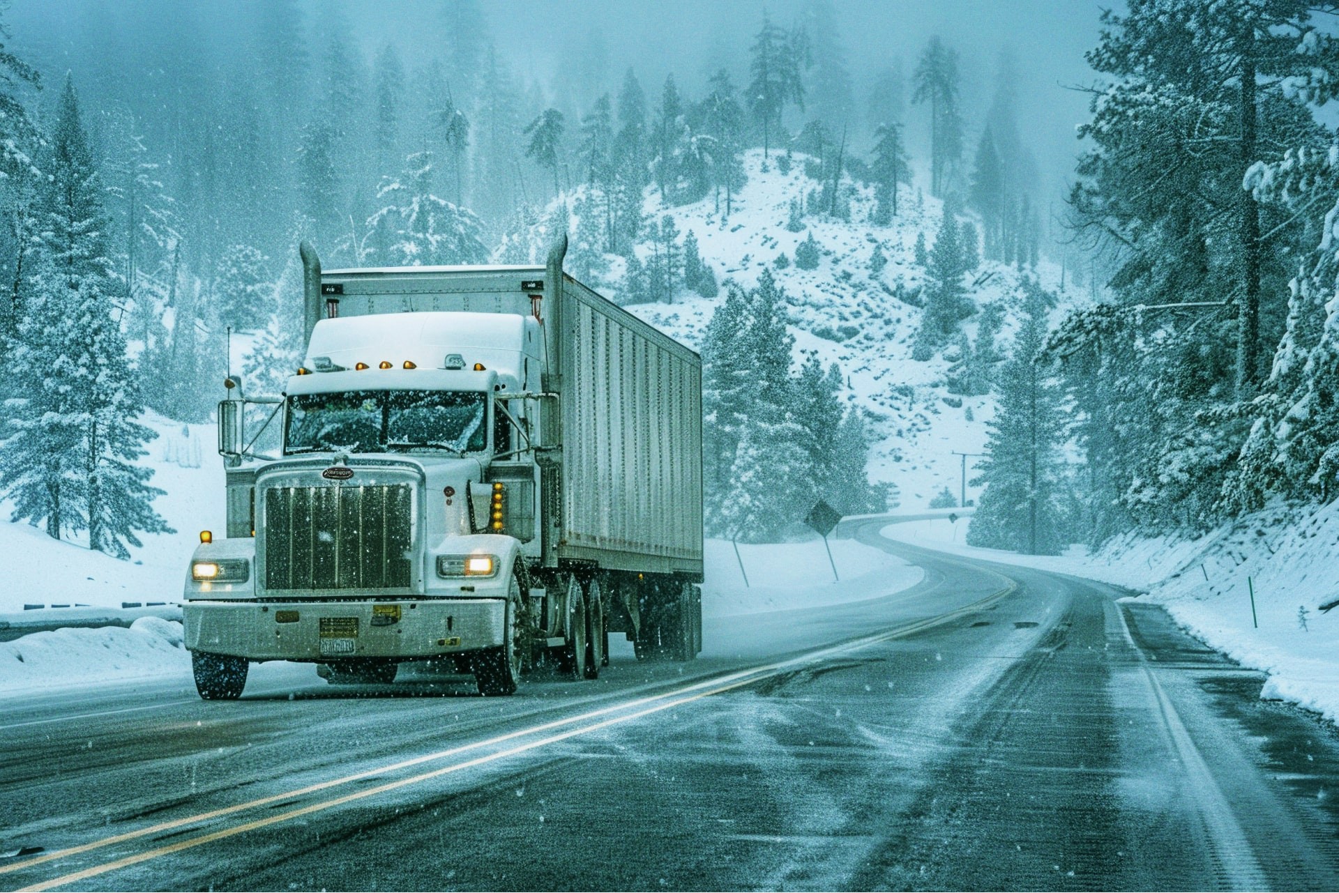 Semi-truck driving on a snowy road through a forest on a last-mile delivery route