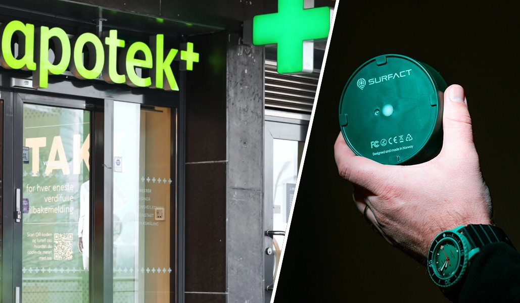 Vitusapotek pharmacy entrance beside a hand holding a circular Surfact Emma sensor