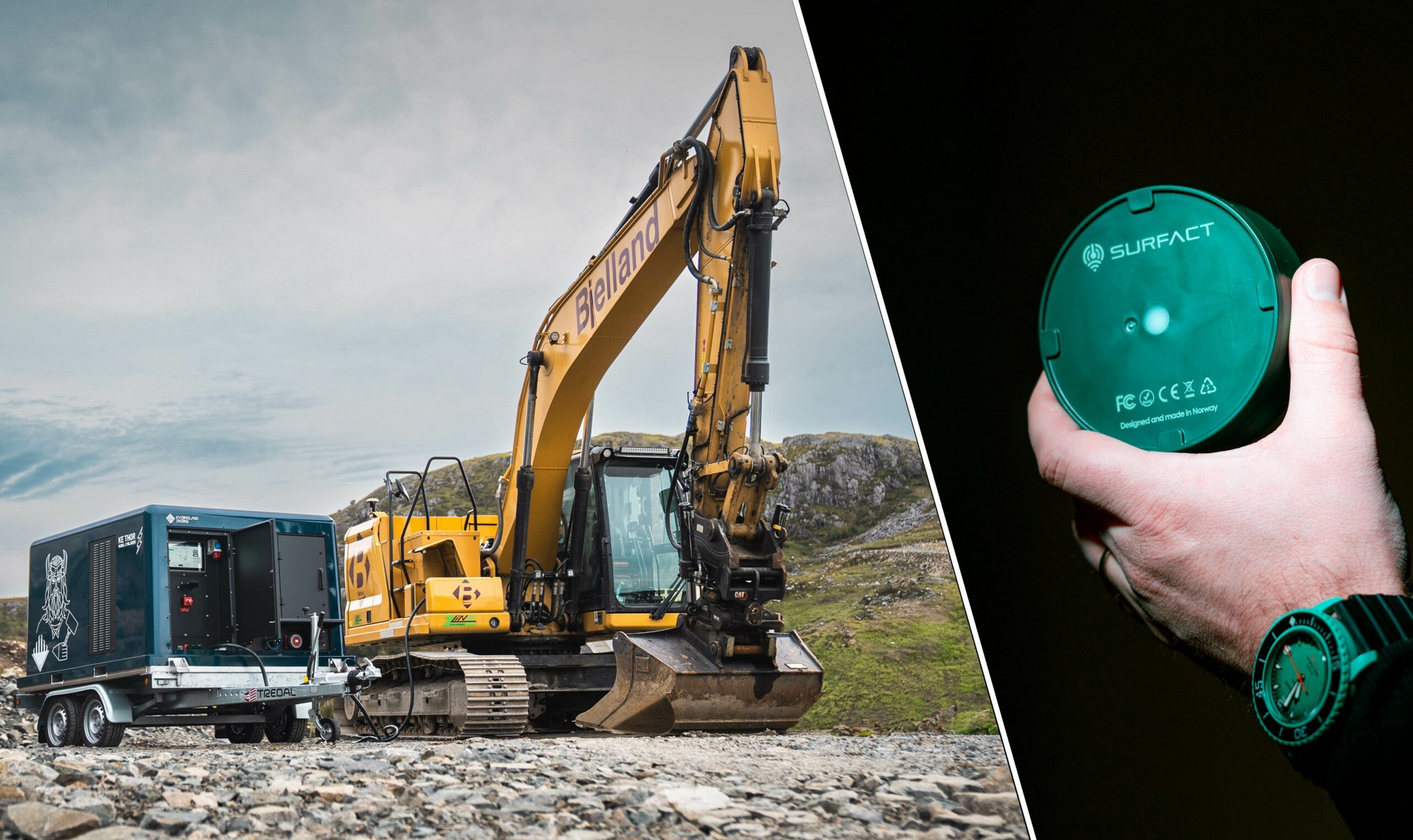 Construction site with an excavator and mobile battery unit, and a hand holding a green Surfact sensor