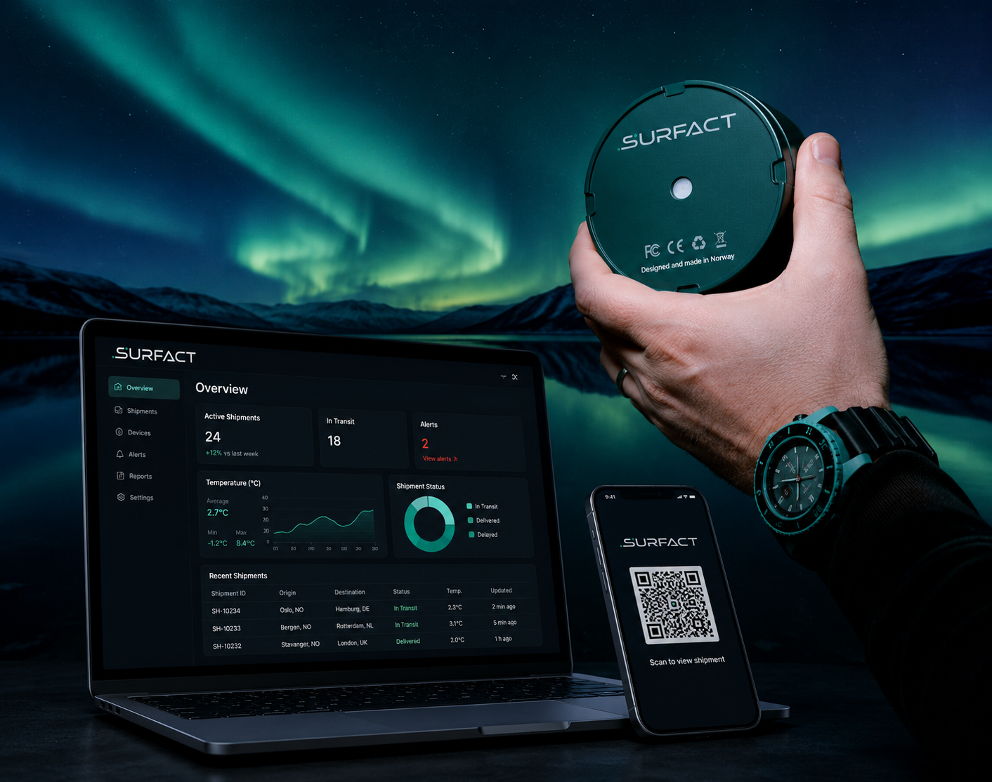 Surfact Emma solution: tracker, software dashboard and mobile app under the Norwegian aurora