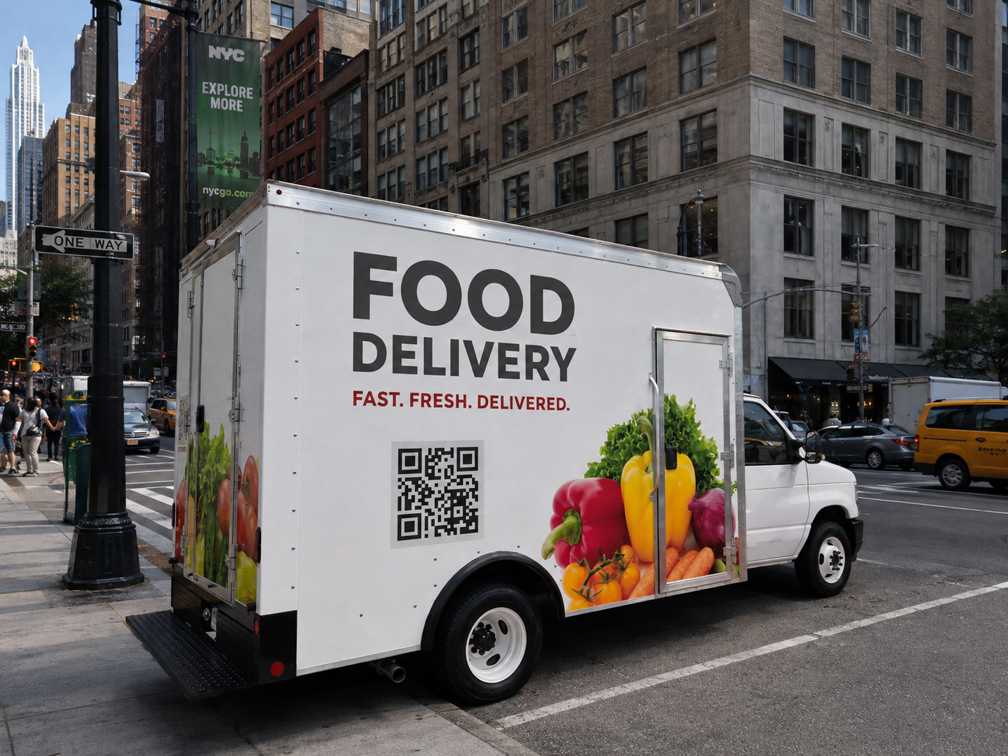 Refrigerated food delivery truck on a city street
