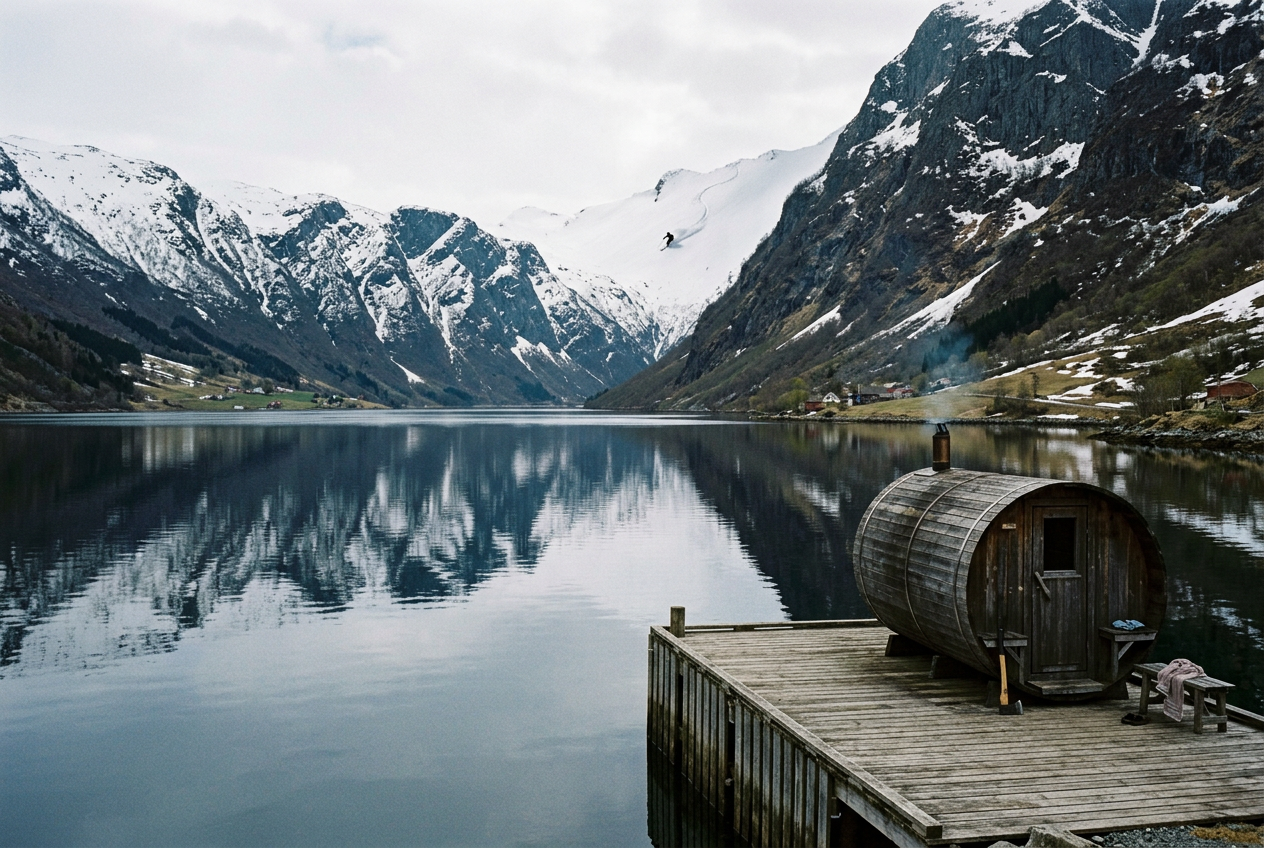 Norwegian fjord at golden hour with a cedar sauna on a dock and a lone skier descending a snowy ridge
