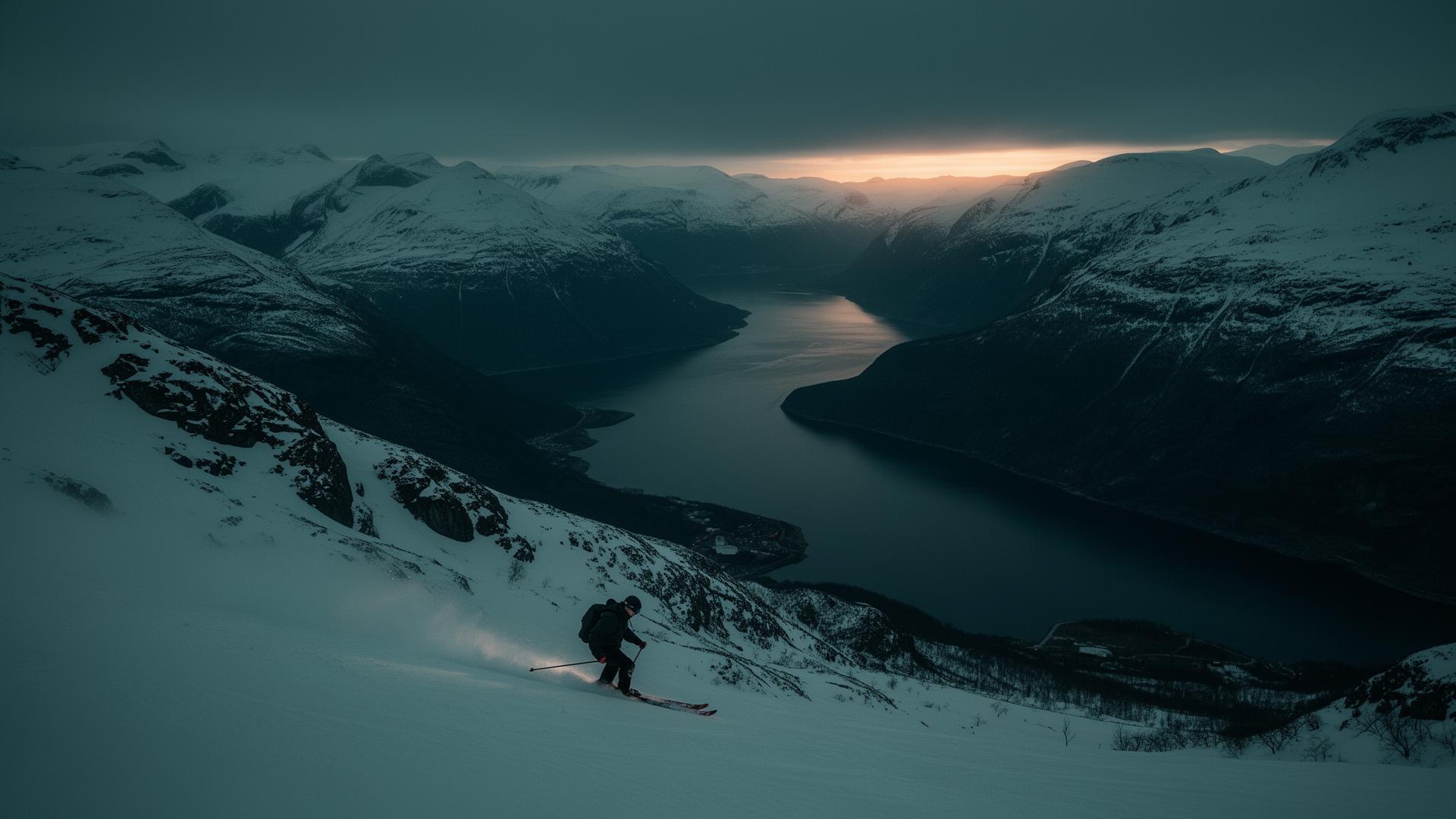 Skier descending a snow-covered Norwegian mountain above a fjord at dusk
