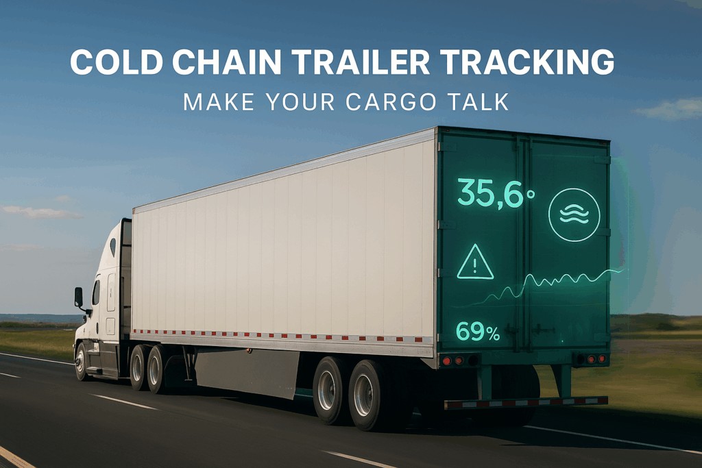 Semi-truck on a highway with a digital overlay showing trailer temperature and alert data