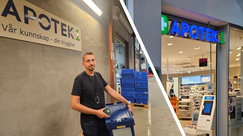 Warehouse worker handling blue pharmaceutical crates beside an Apotek 1 pharmacy storefront