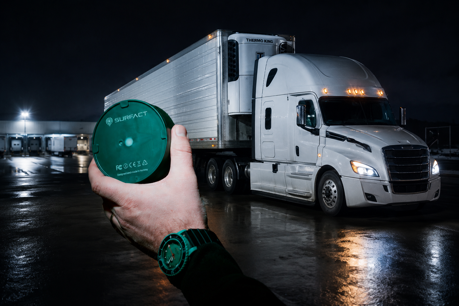 A hand holding the green Emma Smart Tracker puck in front of a reefer trailer at a night terminal