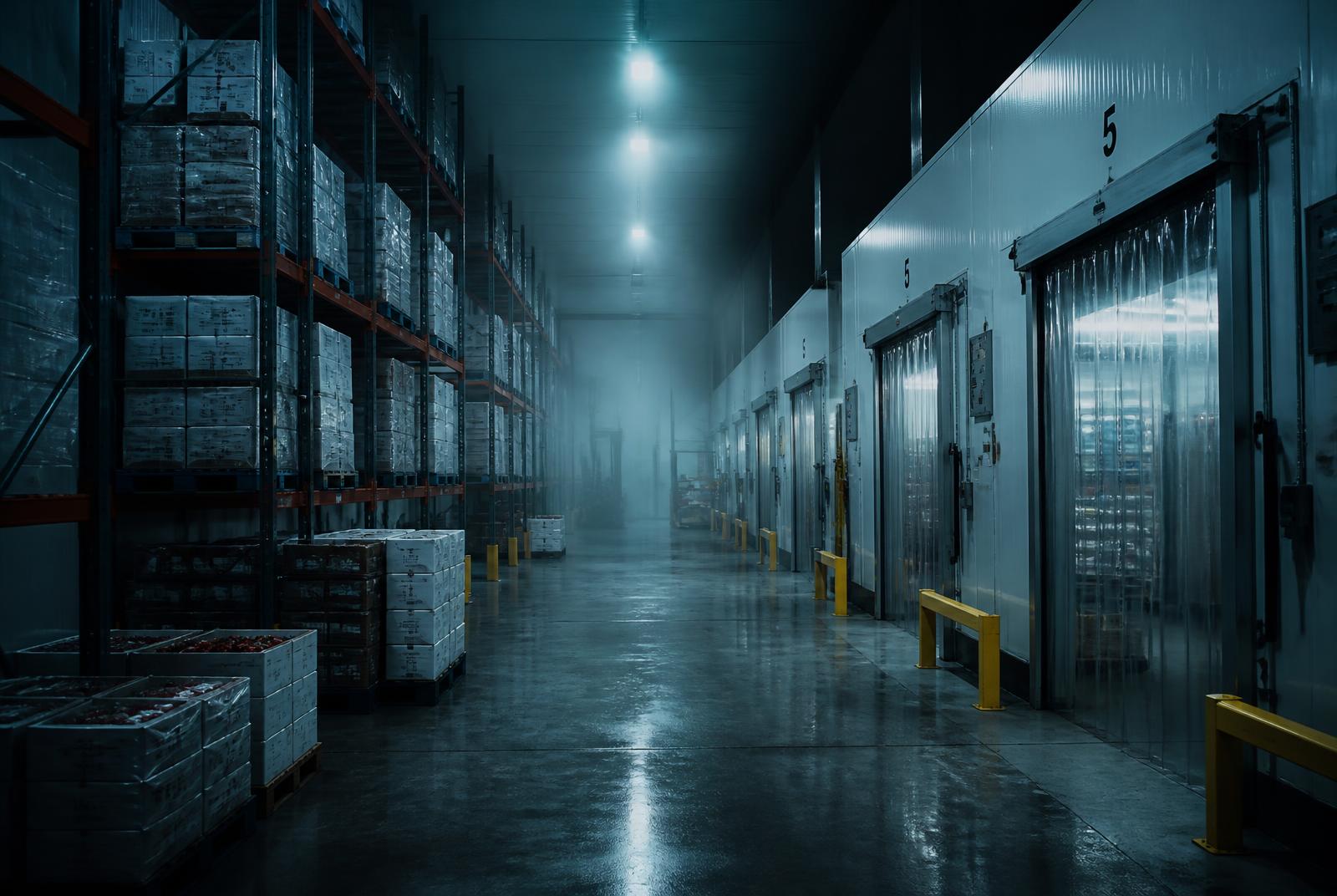 Refrigerated cold storage warehouse holding palletised food and pharma goods