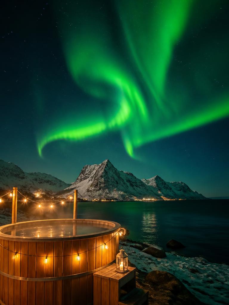 Northern lights over a Norwegian fjord with a lit wooden hot tub on the shore