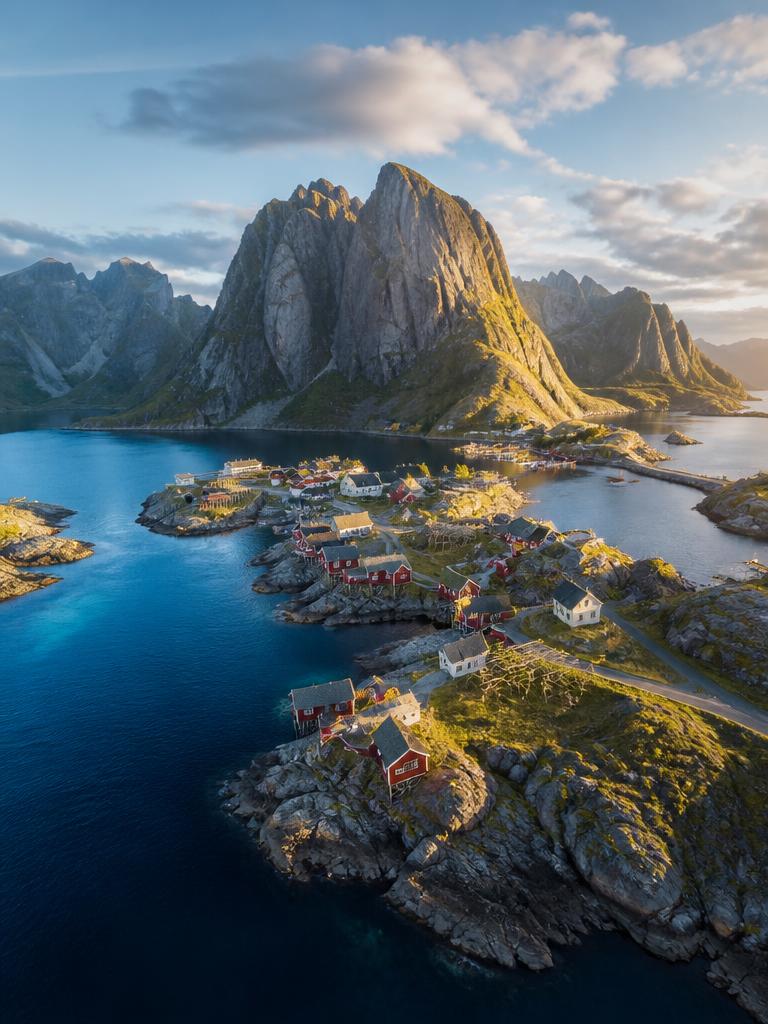 Aerial view of a Lofoten fishing village between granite peaks