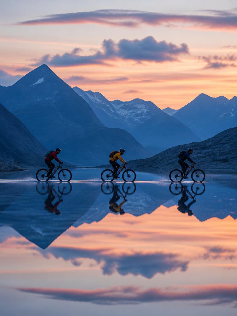 Three mountain bikers riding across a mirror-still lake at dusk