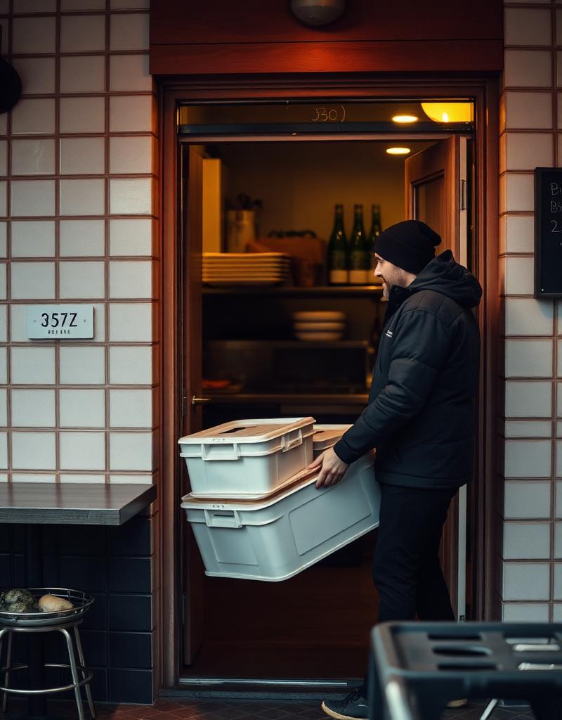 Chilled food delivery arriving at a restaurant kitchen door